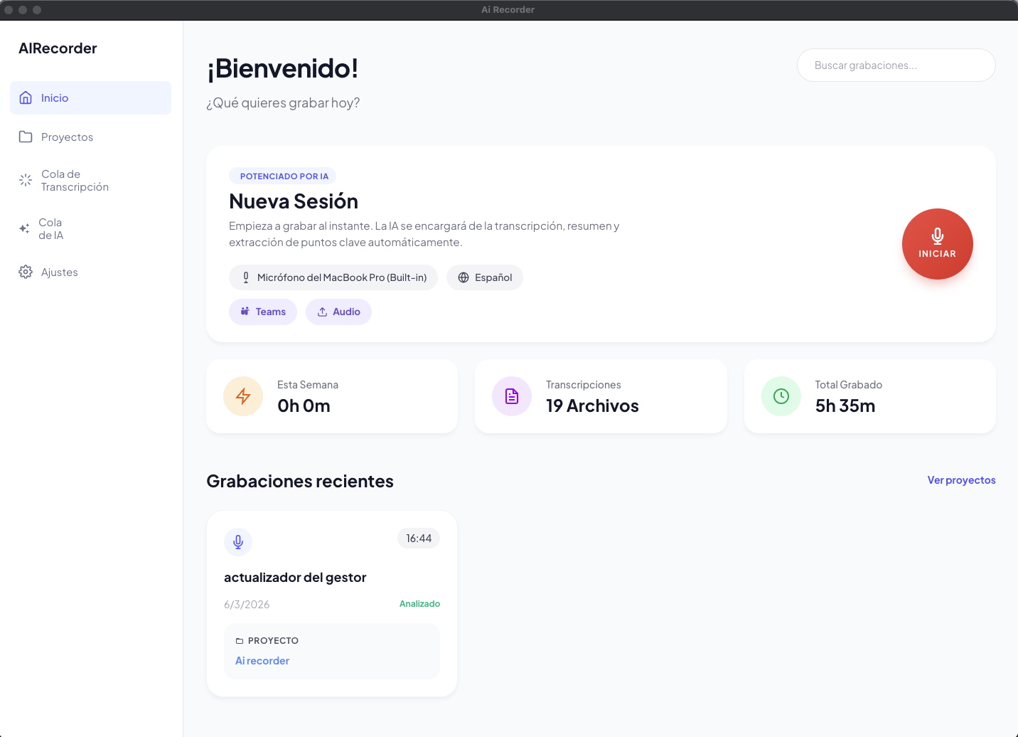 Pantalla de inicio de AIRecorder